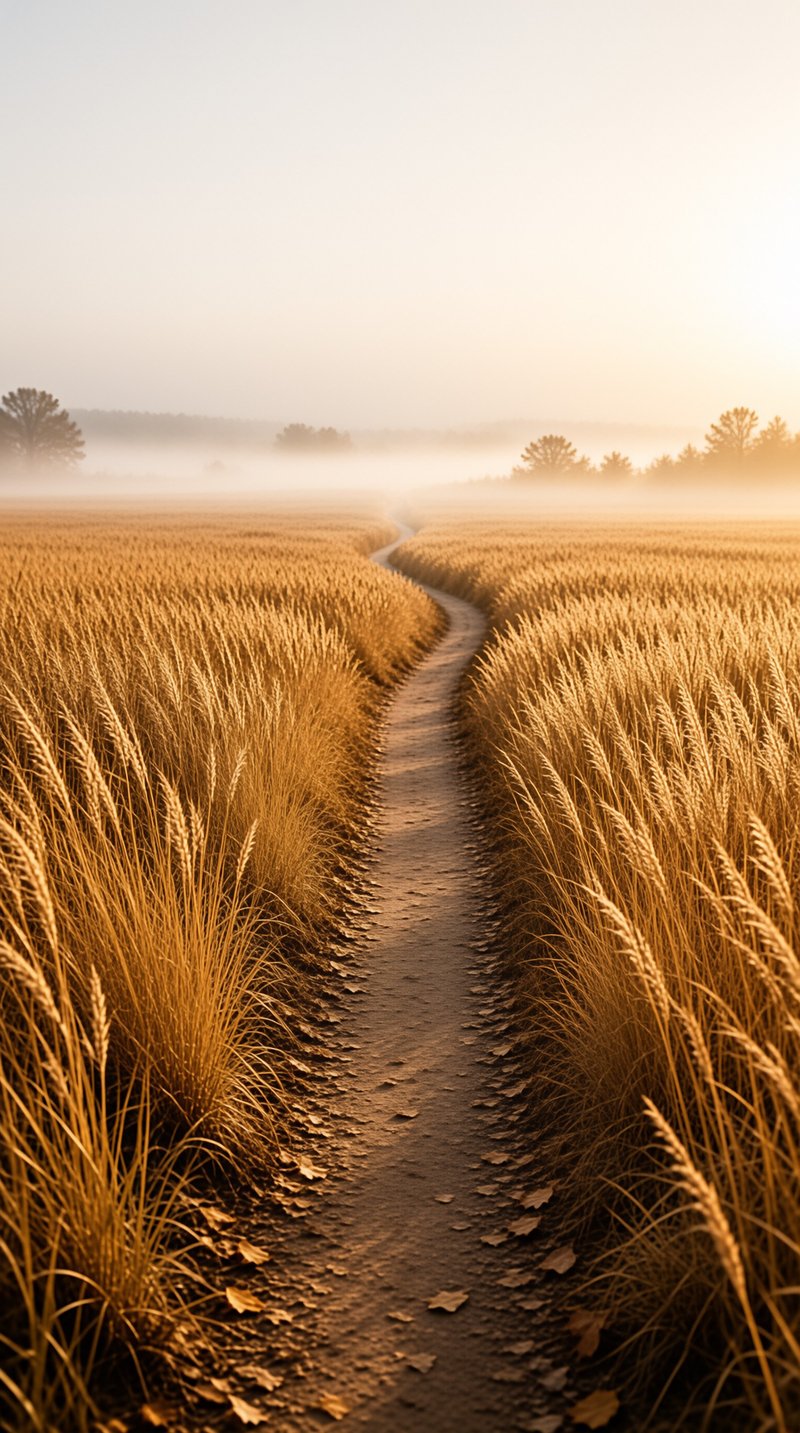 A narrow dirt road curves through a golden wheat field under a misty sunrise sky.