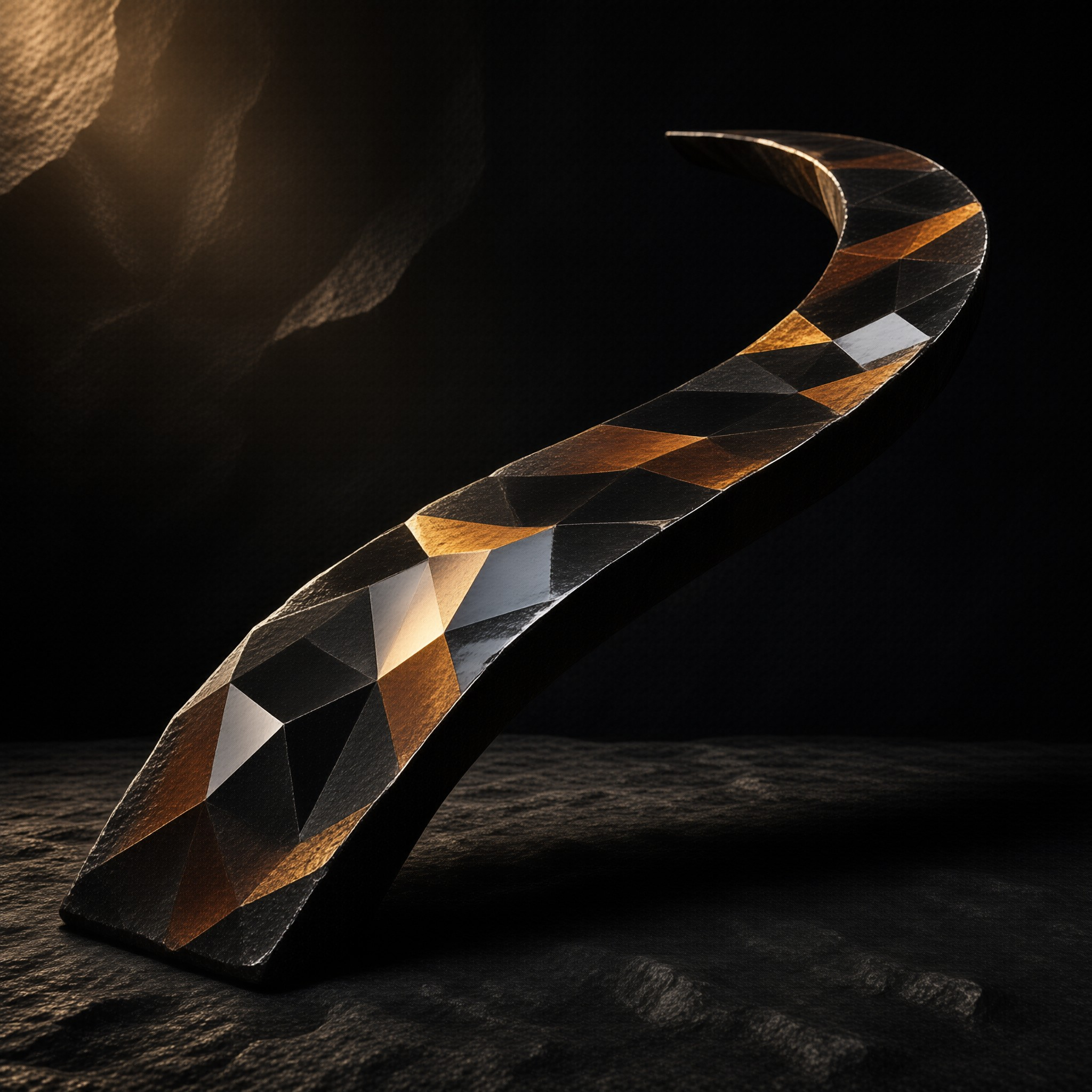 A sinuous faceted sculpture with black bronze and silver facets curves across a rough dark stone surface under warm light.