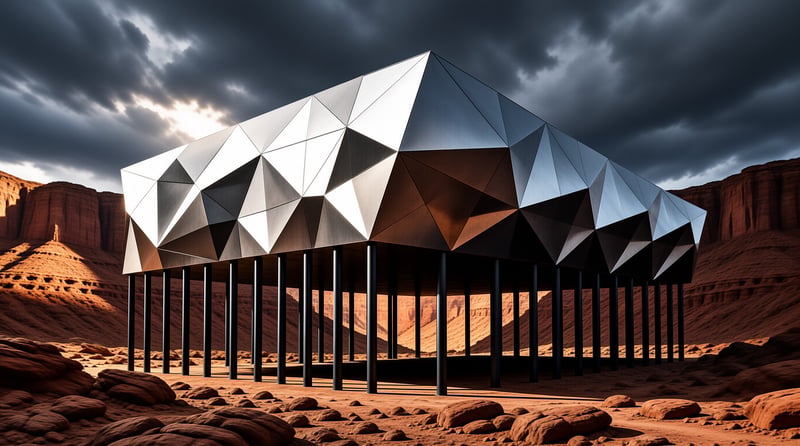 A faceted metallic building stands on pillars amidst red rocks and dark clouds.