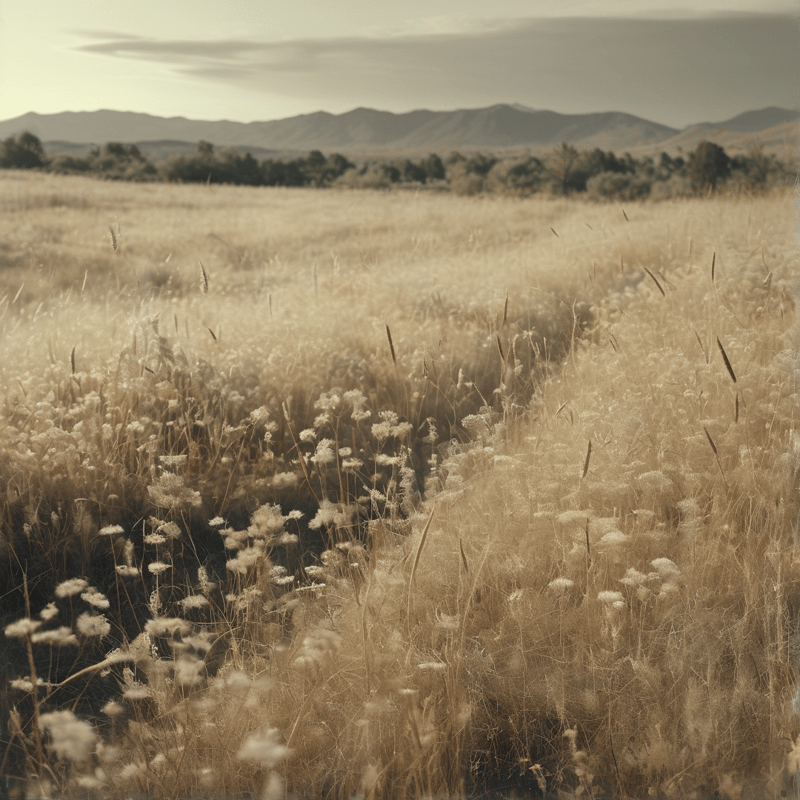 A wide landscape showing tall golden vegetation swaying in a sunlit field with a treeline separating the plain from hazy hills in the distance.