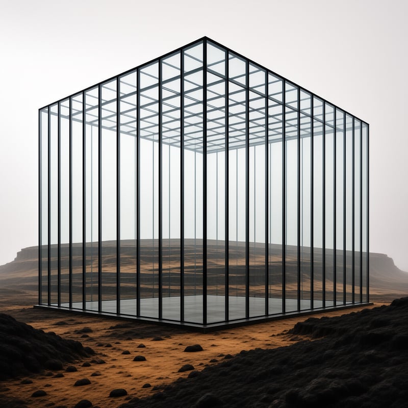 A clear steel framed cube of glass panels stands before mesas and rust dunes under pale desert haze.
