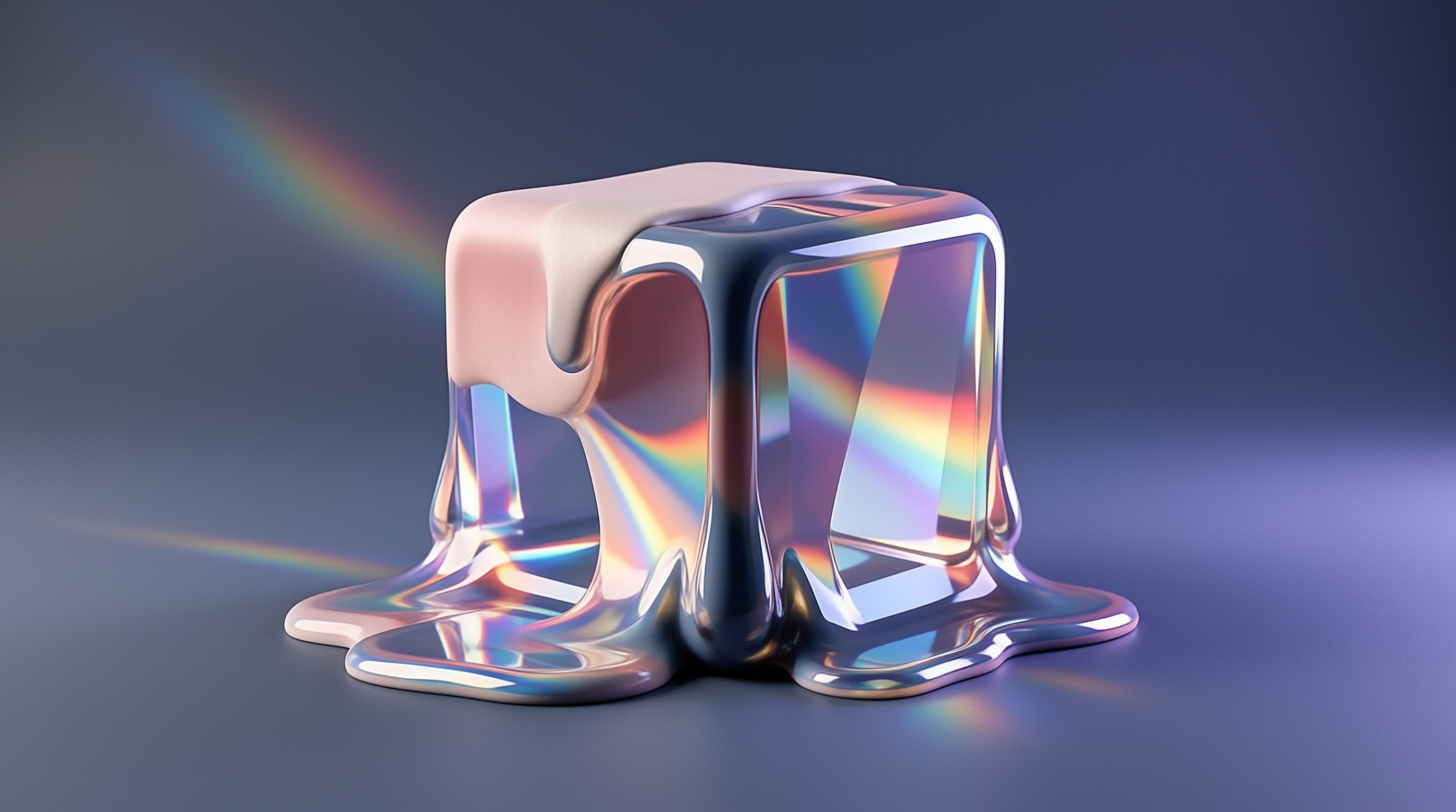 A translucent cube refracts rainbow light while glossy cream pours over its top edge