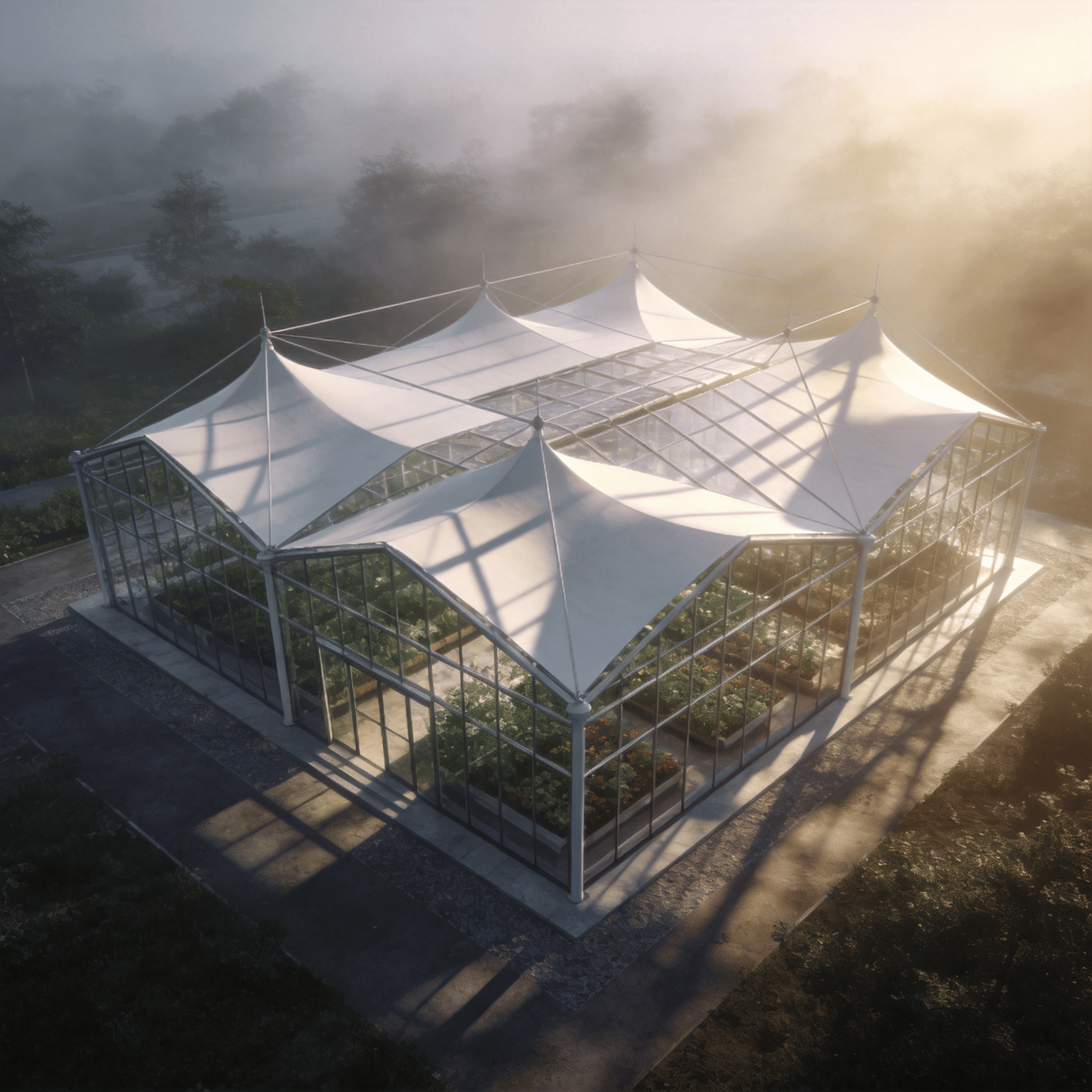 Greenhouse in Foggy Morning
