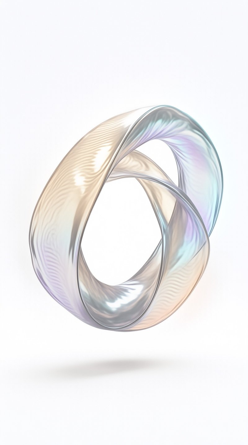 A twisted iridescent band floats suspended against a seamless white background displaying soft pearlescent gradients.