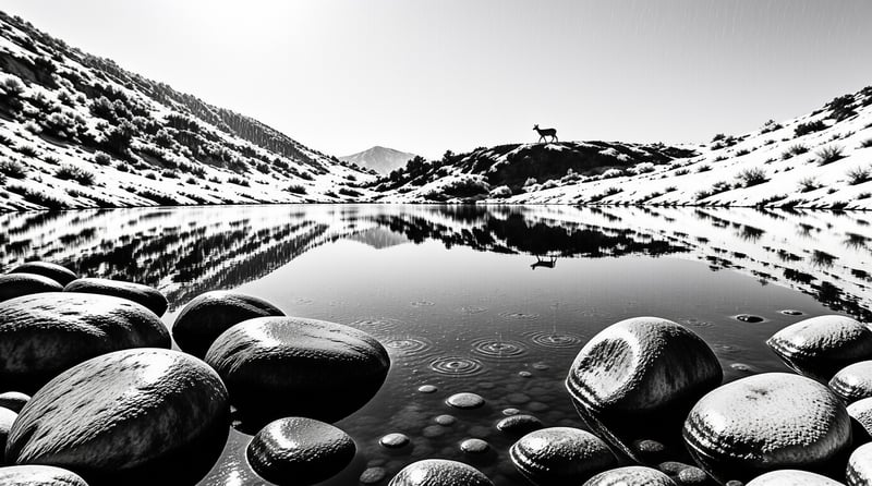 A solitary deer stands atop a snowy ridge while its silhouette reflects in the calm water below smooth foreground stones.