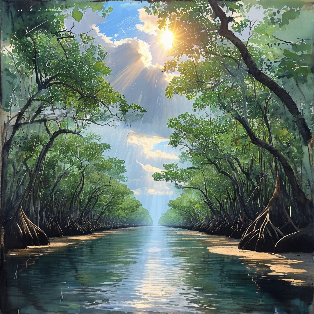A lush mangrove forest lines a calm river where bright sunbeams pierce through clouds to illuminate the water.