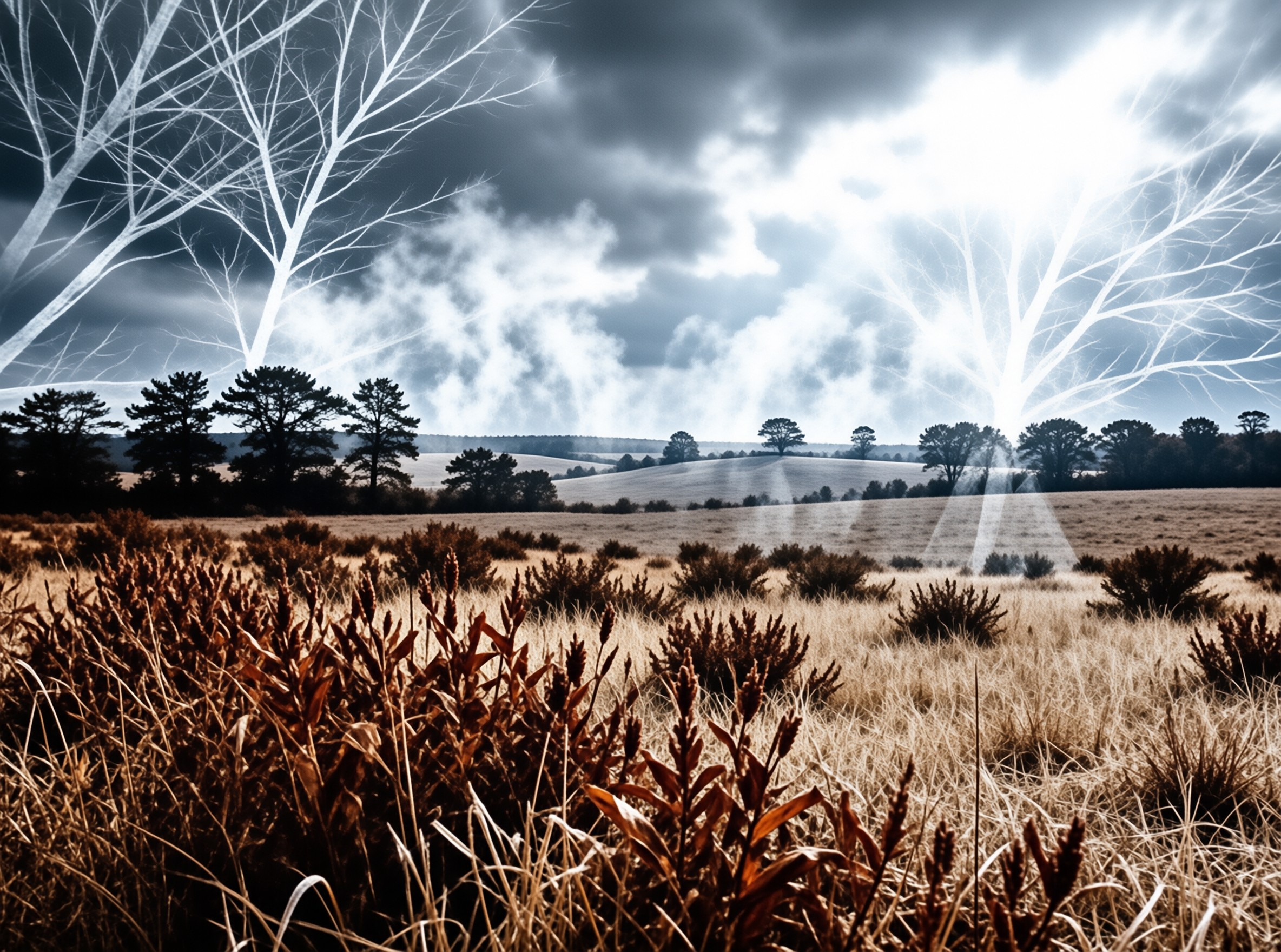 Sunlit meadow grass and dark pines blend with translucent white trees in a dreamlike storm sky.