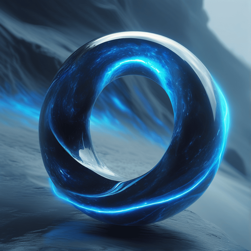 A translucent blue ring of polished glass stands on dark stone, its inner edge lit by a bright electric halo of light.