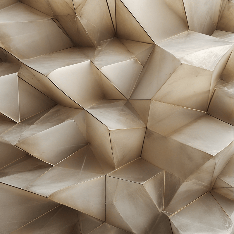 Golden metallic surface featuring irregular polygonal facets with soft lighting highlighting the geometric angles and edges.
