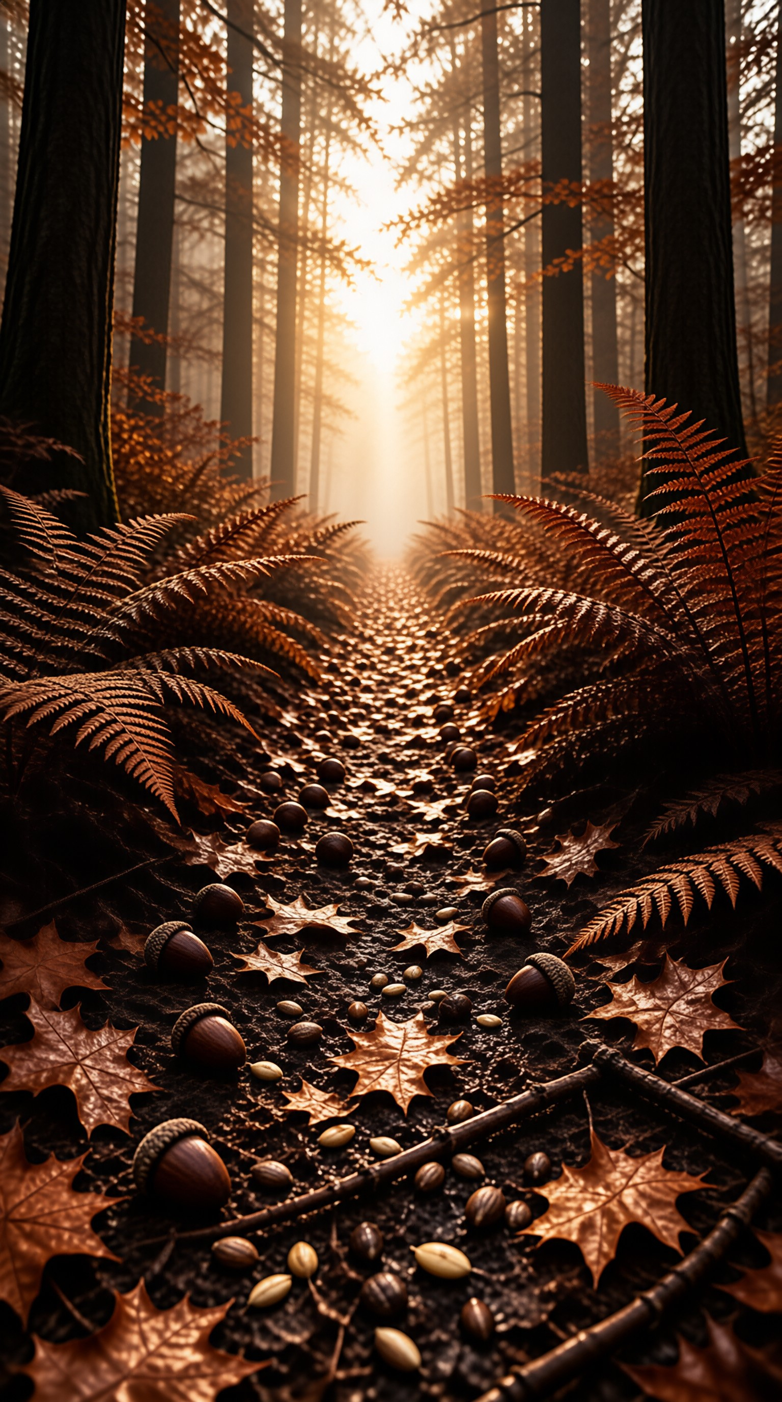 A misty forest path lined with brown ferns and scattered acorns bathed in warm golden sunlight streaming from the distance.