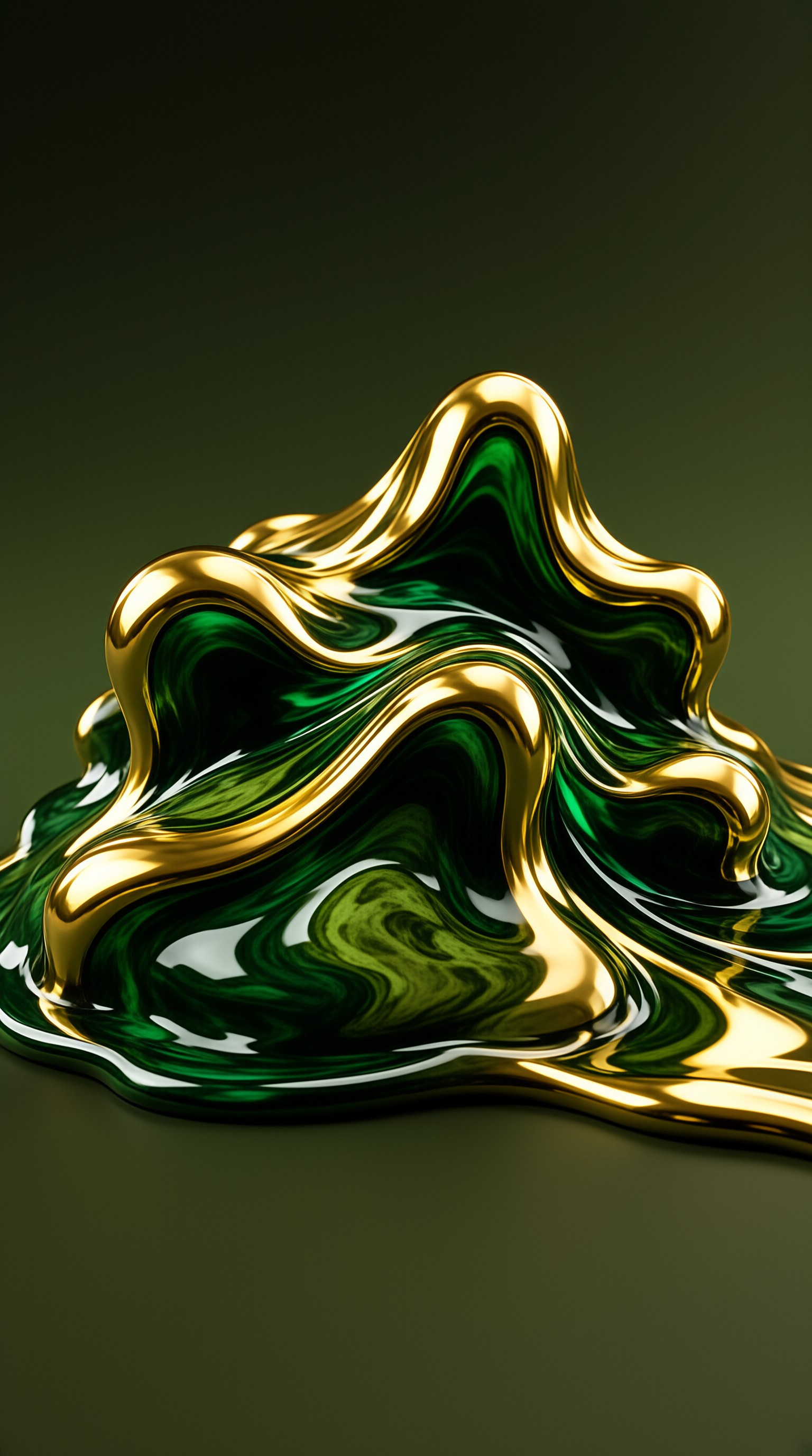 A glossy wave of liquid gold pours across a dark green marbled pool, catching warm highlights on an olive backdrop.