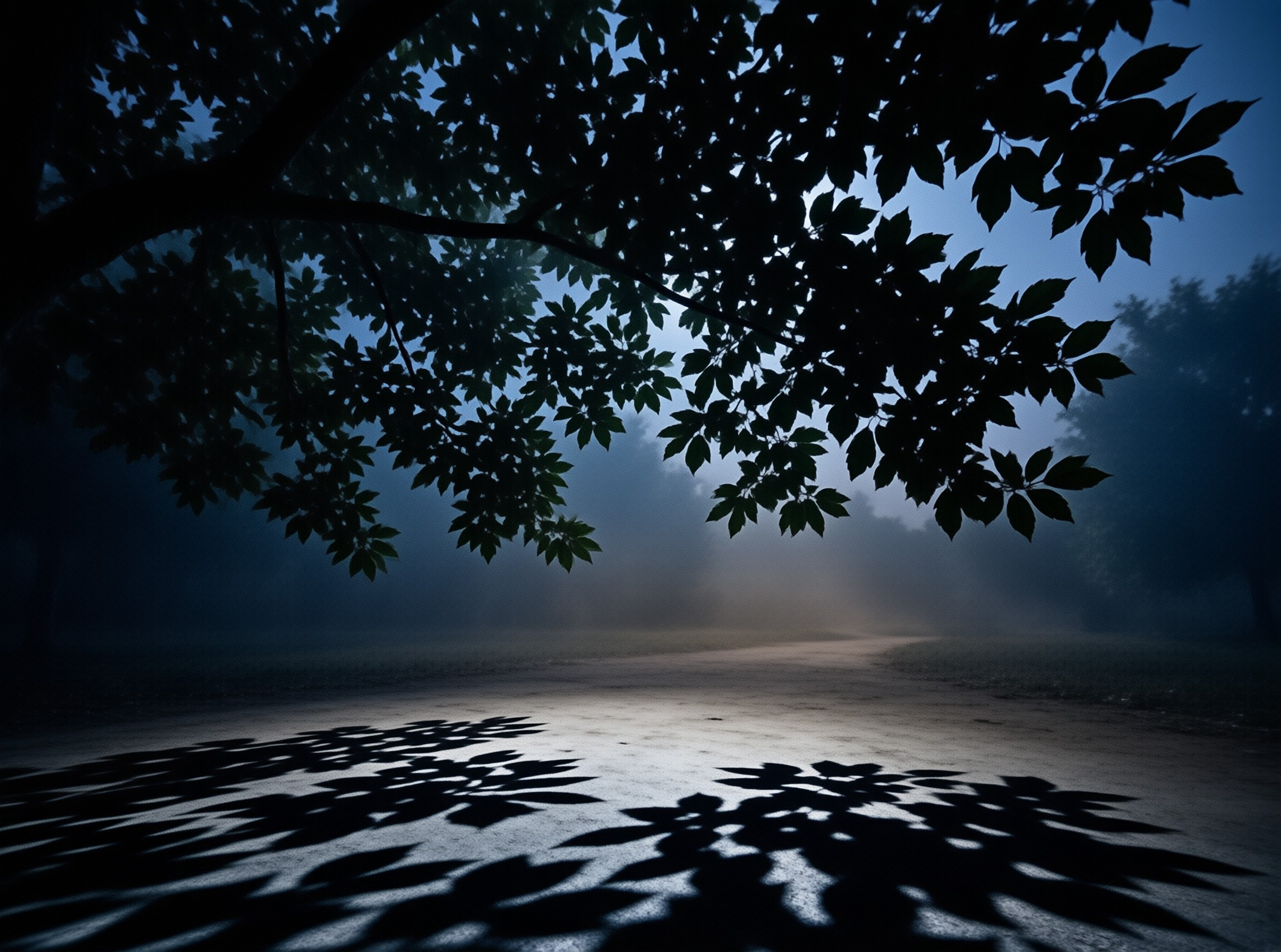Dark tree leaves hang over a foggy road while their shadows stretch across the pavement during the blue hour.