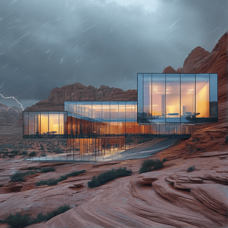 A contemporary glass building glows warmly inside while surrounded by dark red rocks during a rainstorm.