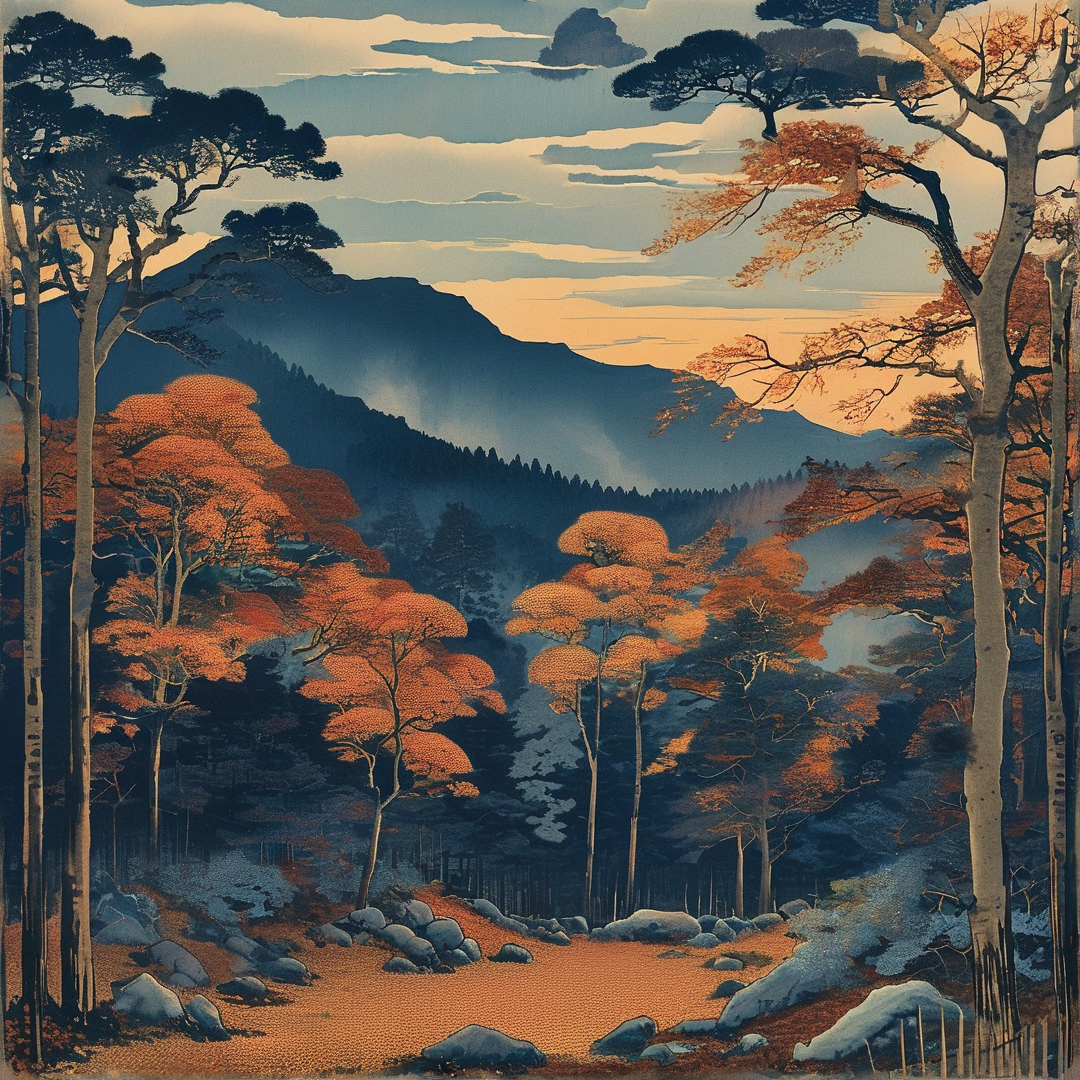 Fiery autumn maples fill a forested mountain valley as soft dusk light glows over layered blue distant ridges