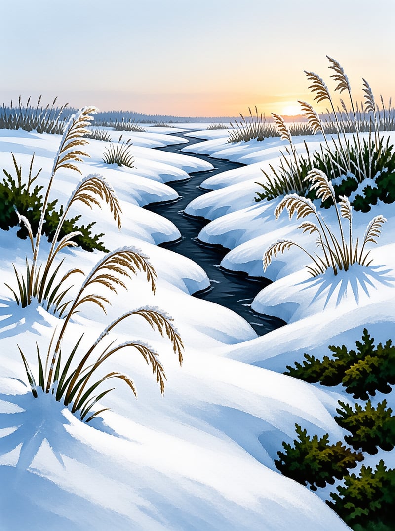 A narrow stream winds through snow drifts and frosted grass under a soft sunrise.