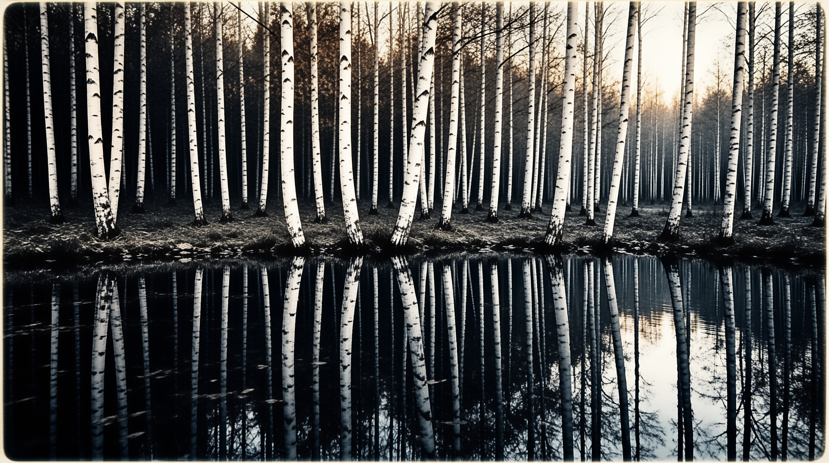 A dense stand of white birch trees stands along the edge of a dark pond with perfect reflections in the water.