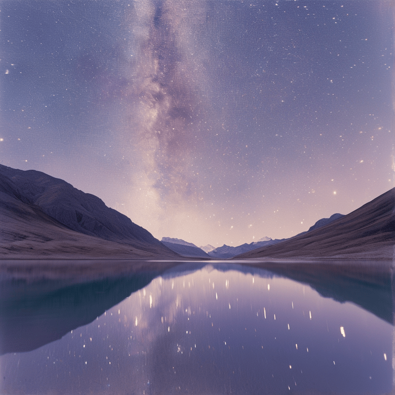 The Milky Way stretches across the purple night sky above a calm lake that mirrors the stars and mountains.