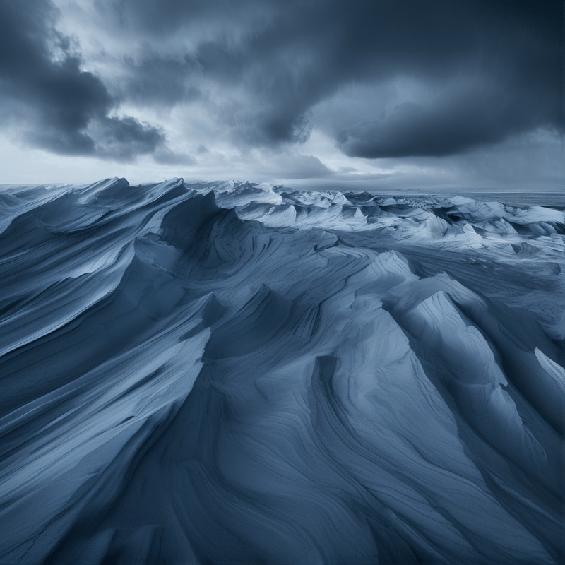 Vast blue frozen terrain with flowing ridges stretches toward the horizon under a sky filled with heavy dark clouds.