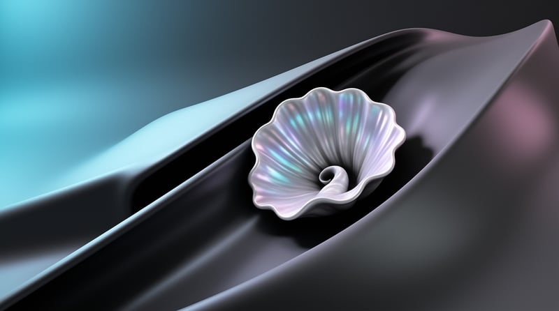 A pearly spiral seashell with rainbow shimmer sits on smooth dark fabric ridges under soft teal and pink light.