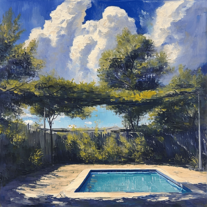A backyard swimming pool rests under a leafy pergola, dappled sunlight spreads across the patio, and towering fluffy clouds fill the bright blue sky.