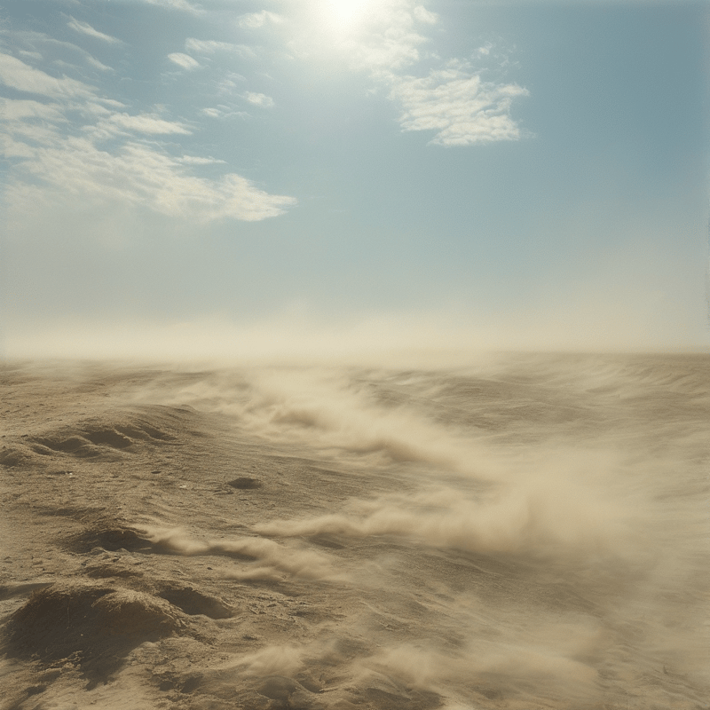 A wide expanse of sandy terrain with blowing dust and a hazy sky under a bright sun.