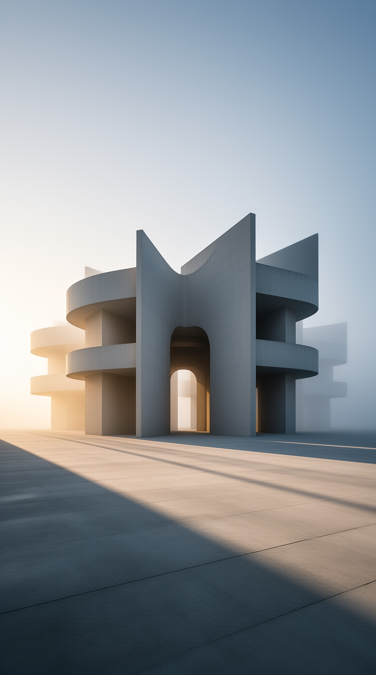 A grey monolithic building stands on a wide tiled plaza, its arched entry and curved shapes glowing in warm dawn light.