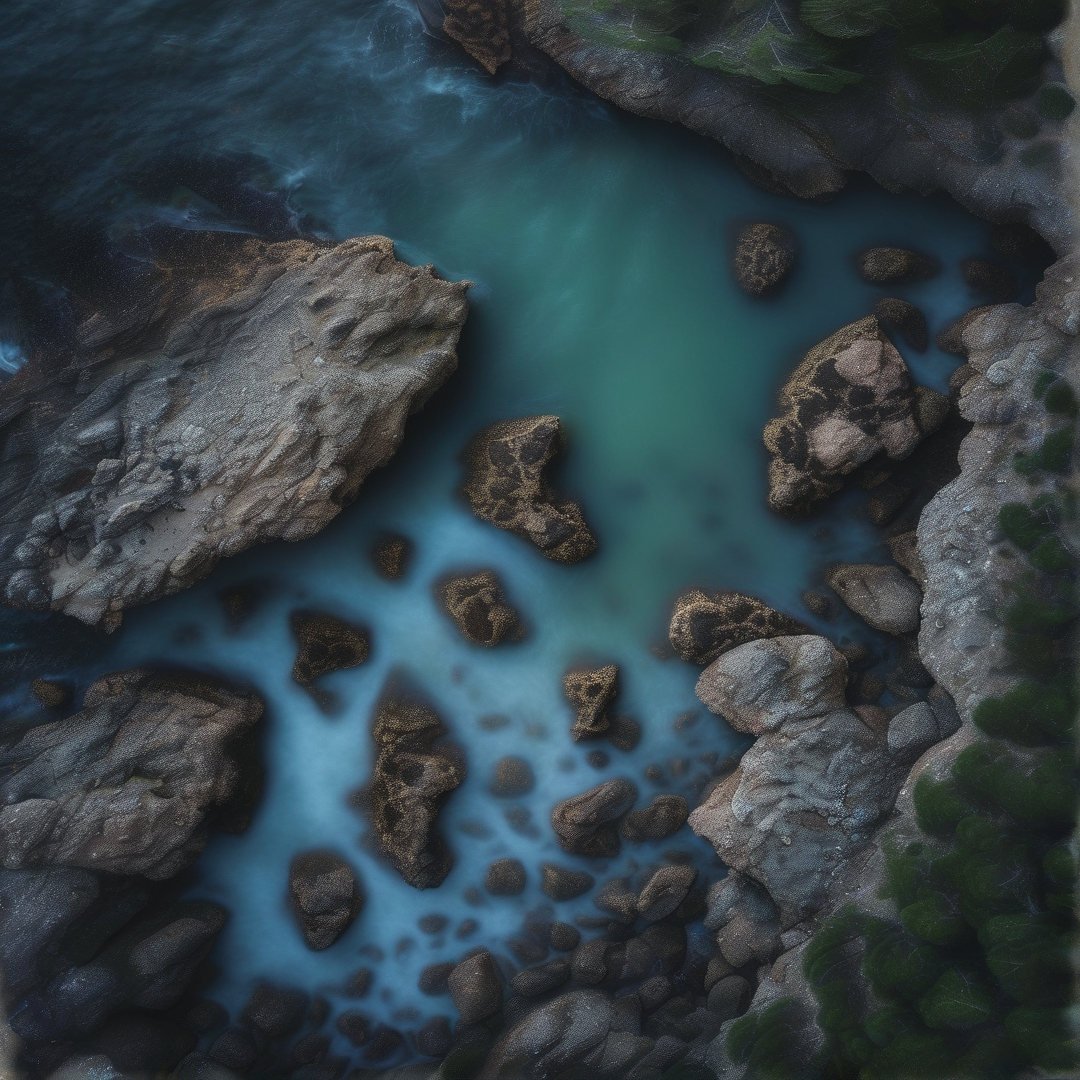Aerial overhead view of a calm turquoise stream curving between weathered brown boulders and moss covered rock formations.