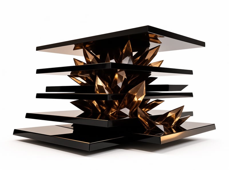A dramatic 3D sculpture shows sharp amber crystals bursting through layers of polished black glass