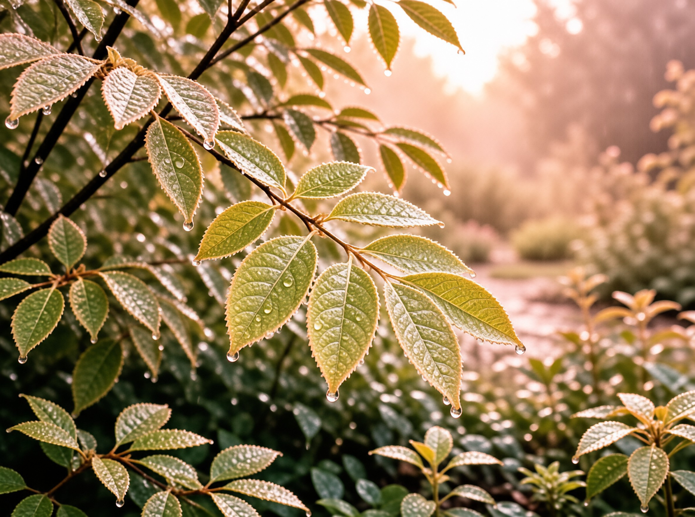Close up of green tea leaves covered in water droplets with warm sunlight shining through the blurred background foliage.