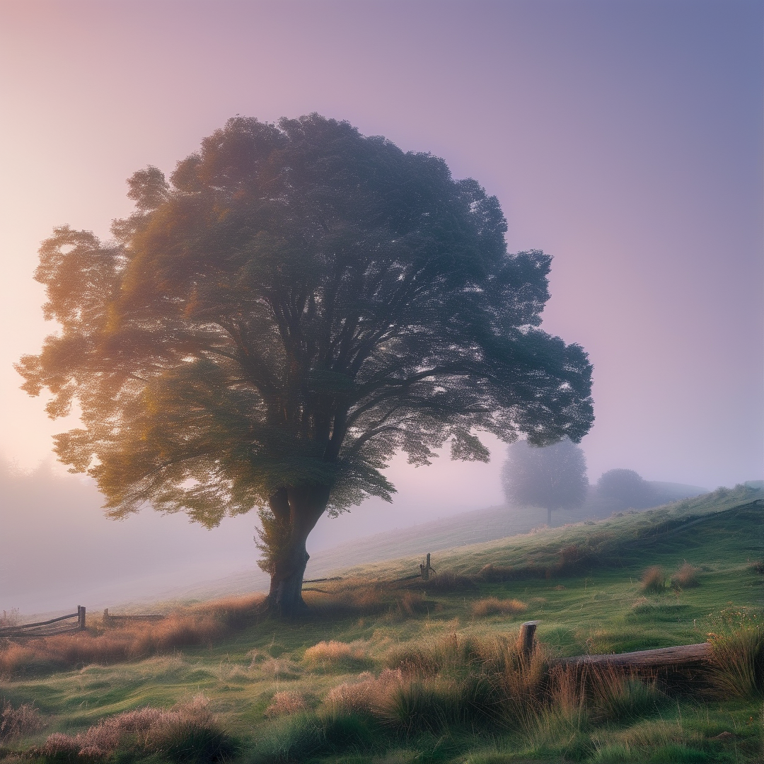 Misty Sunrise Over Hill