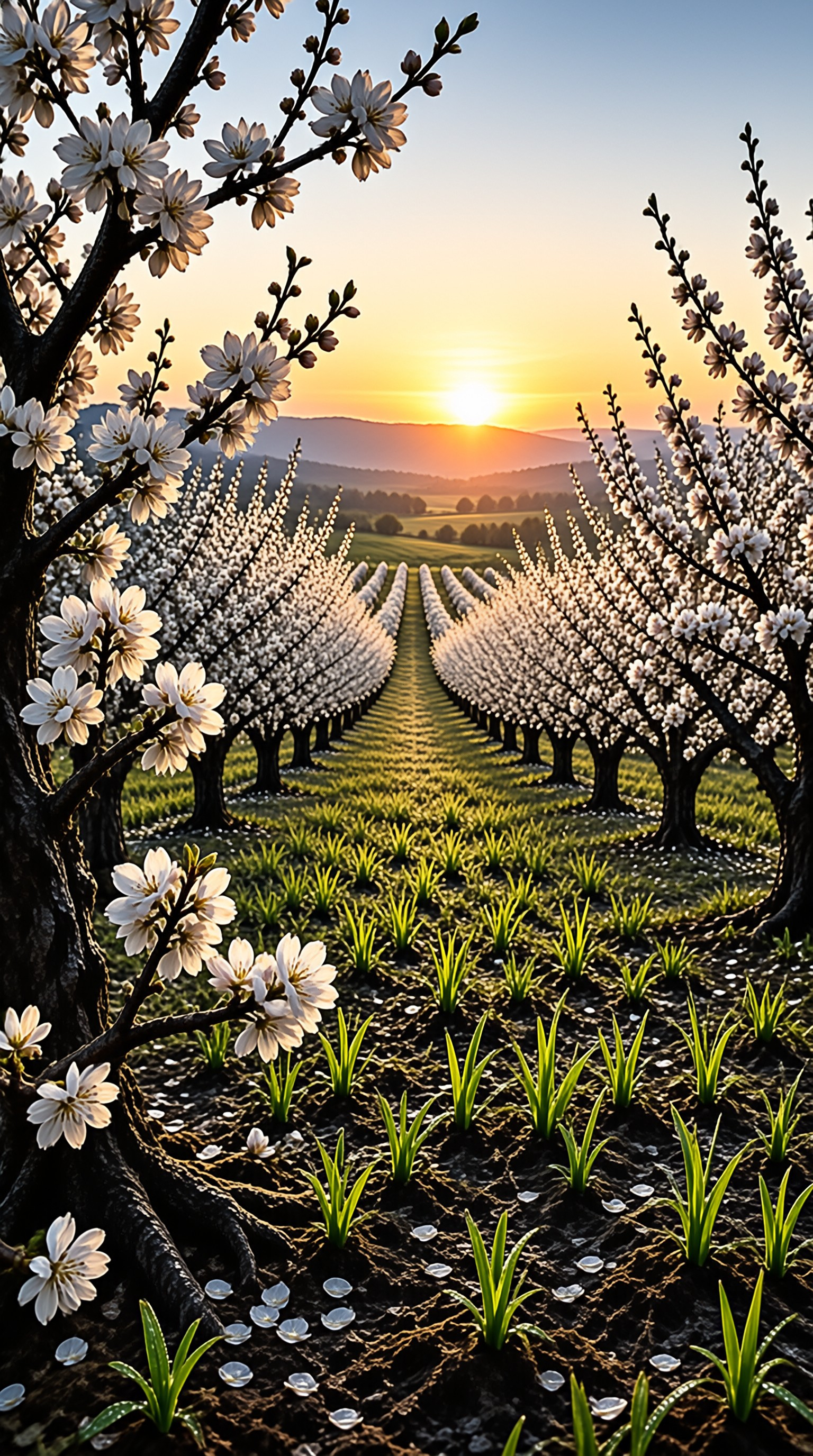 Blooming Orchard at Sunset