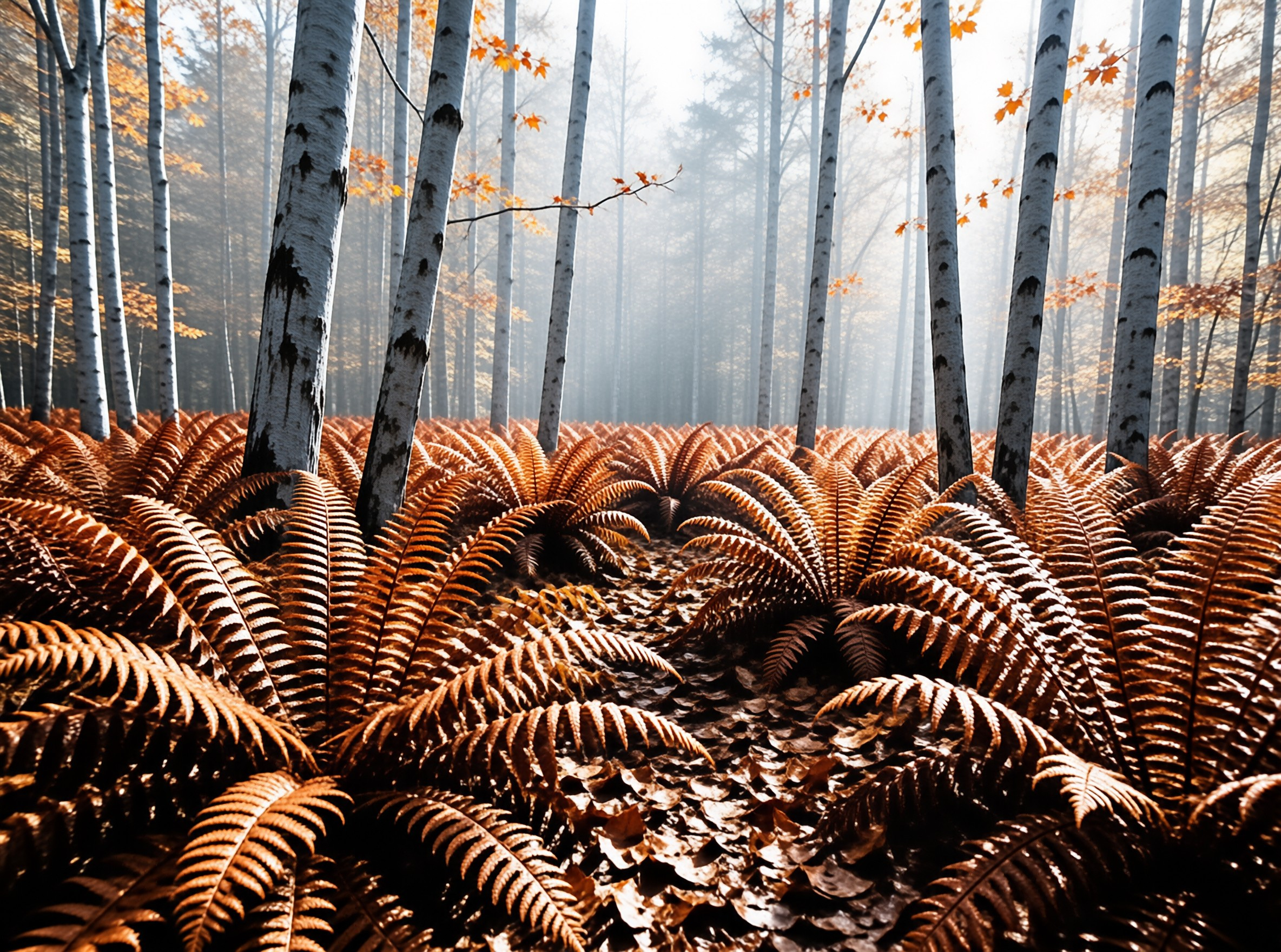 Misty Birch Forest in Autumn