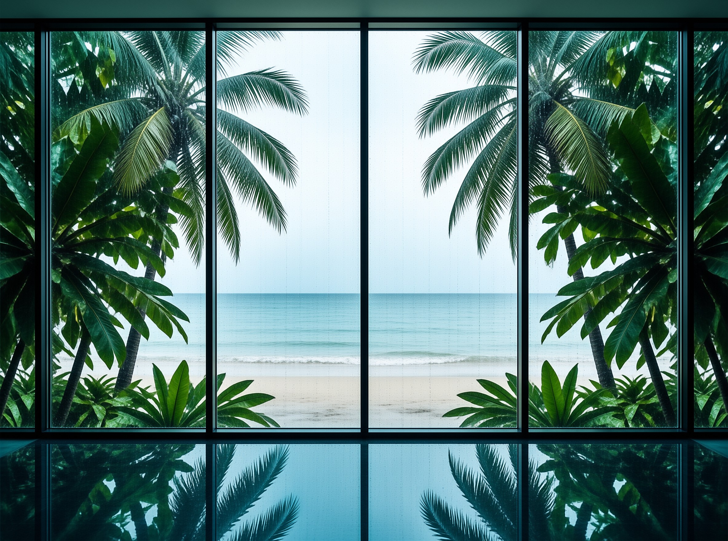 A tropical beach with palm trees and blue water viewed through large window panes with floor reflections.