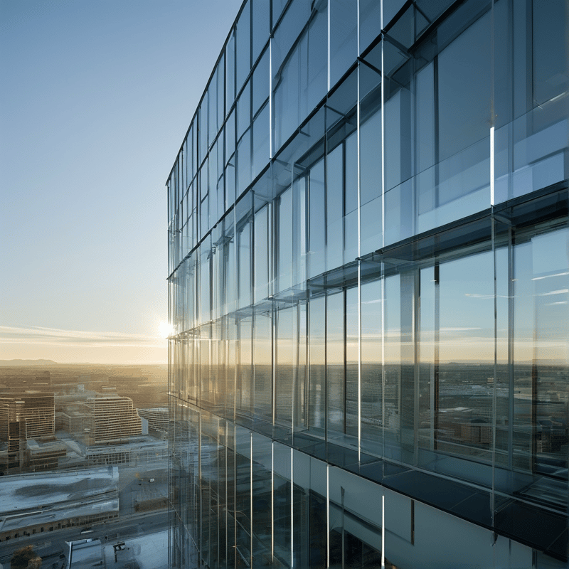 Modern glass facade captures the warm glow of the sun reflecting a distant cityscape below.