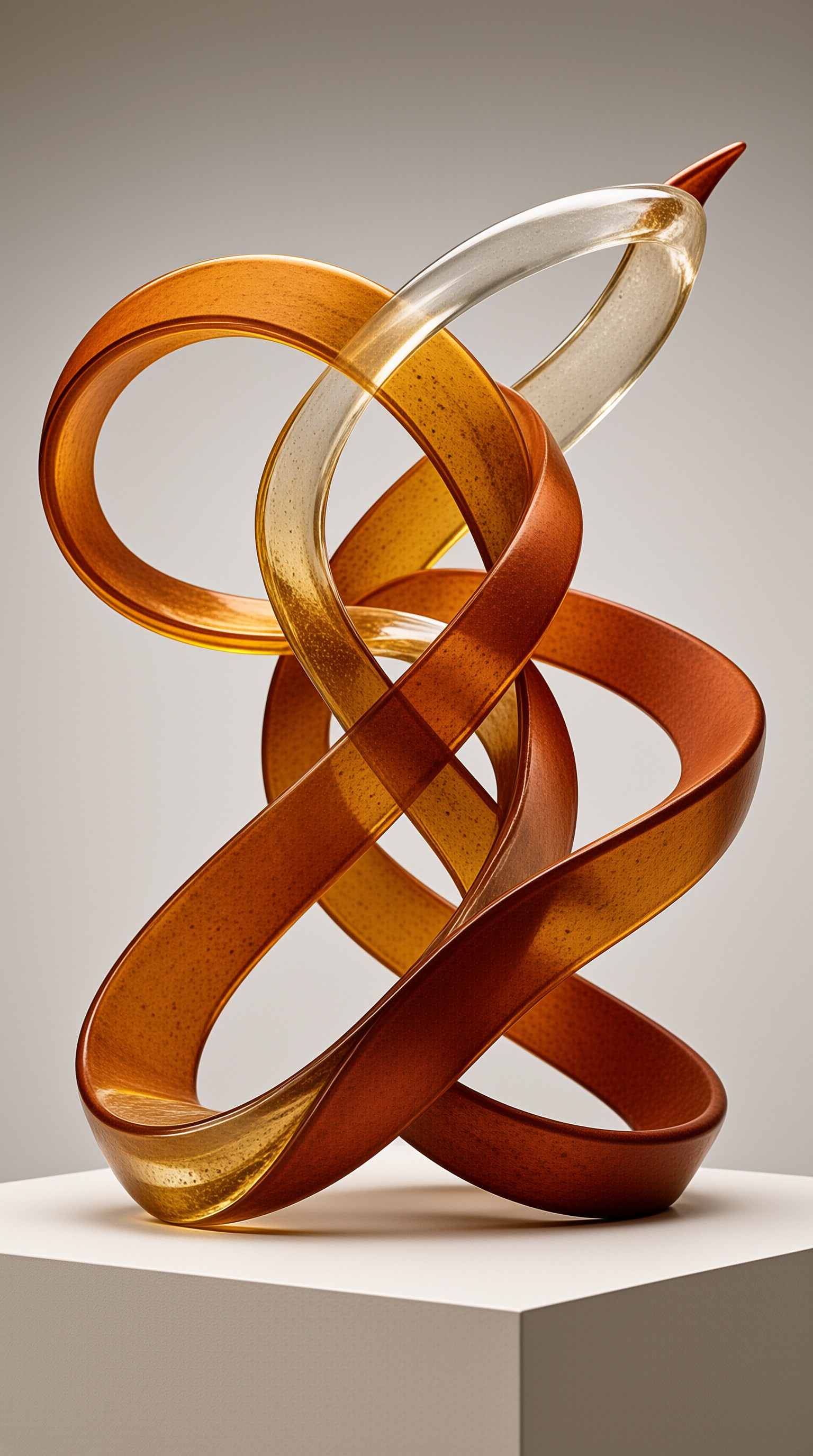 Sculpted object composed of spiraling orange and translucent bands standing on a white block against gray background.