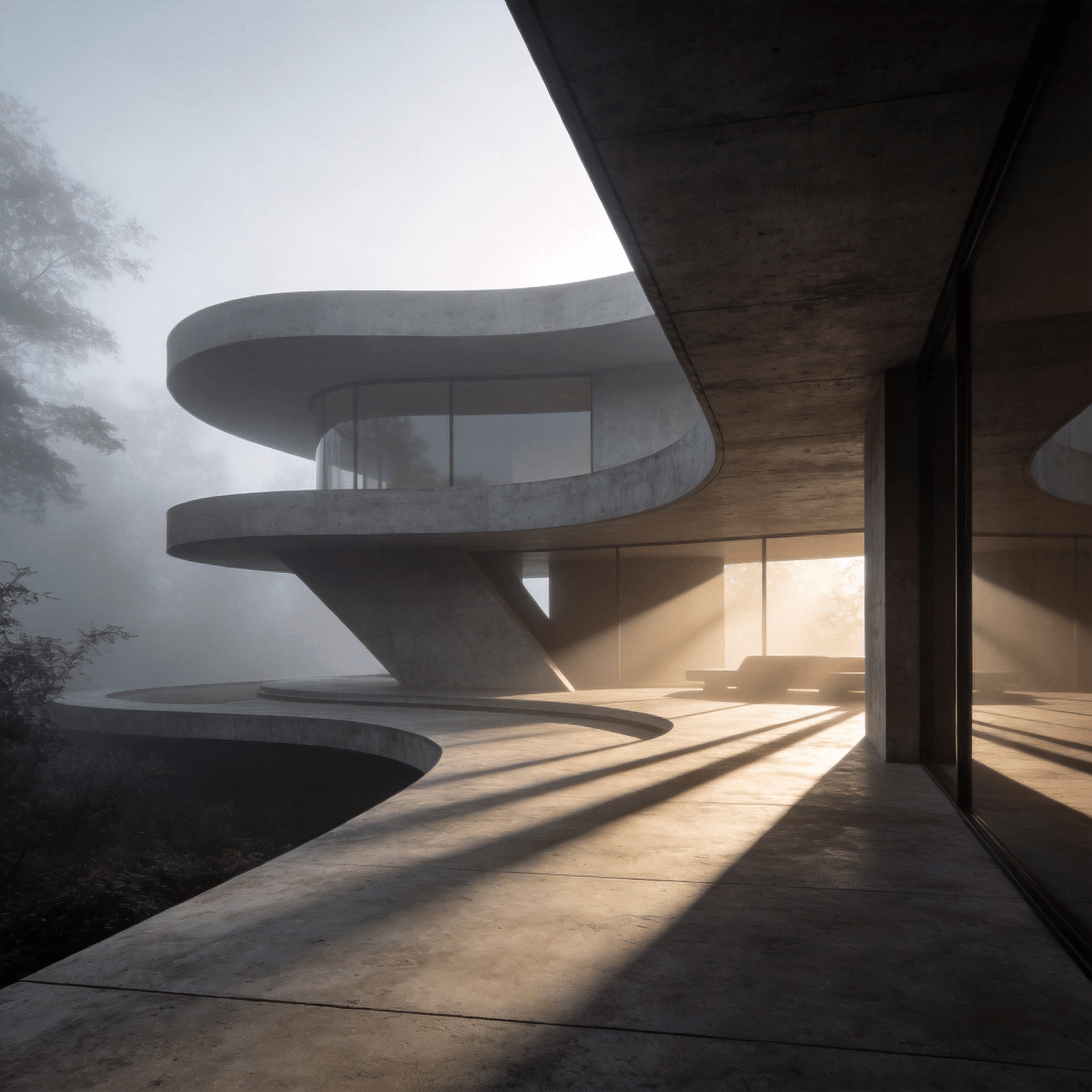 Villa with Curved Concrete — Foggy Morning