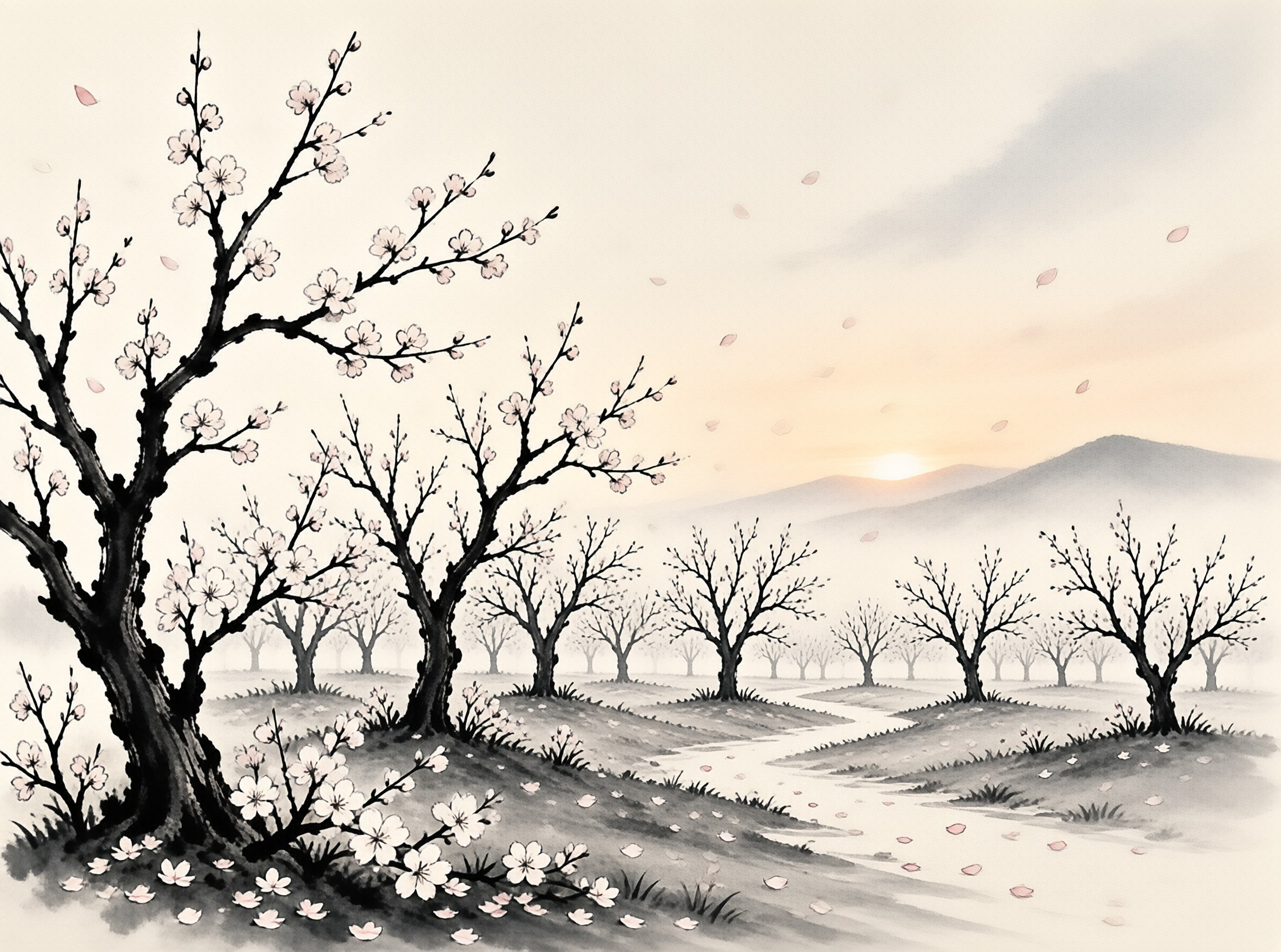 Ink wash painting depicting rows of plum blossom trees in a field with mountains and a setting sun in the distance.