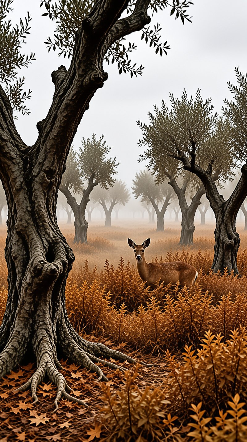 A light brown deer stands alert among dry golden underbrush and twisted ancient trees under hazy autumn morning mist