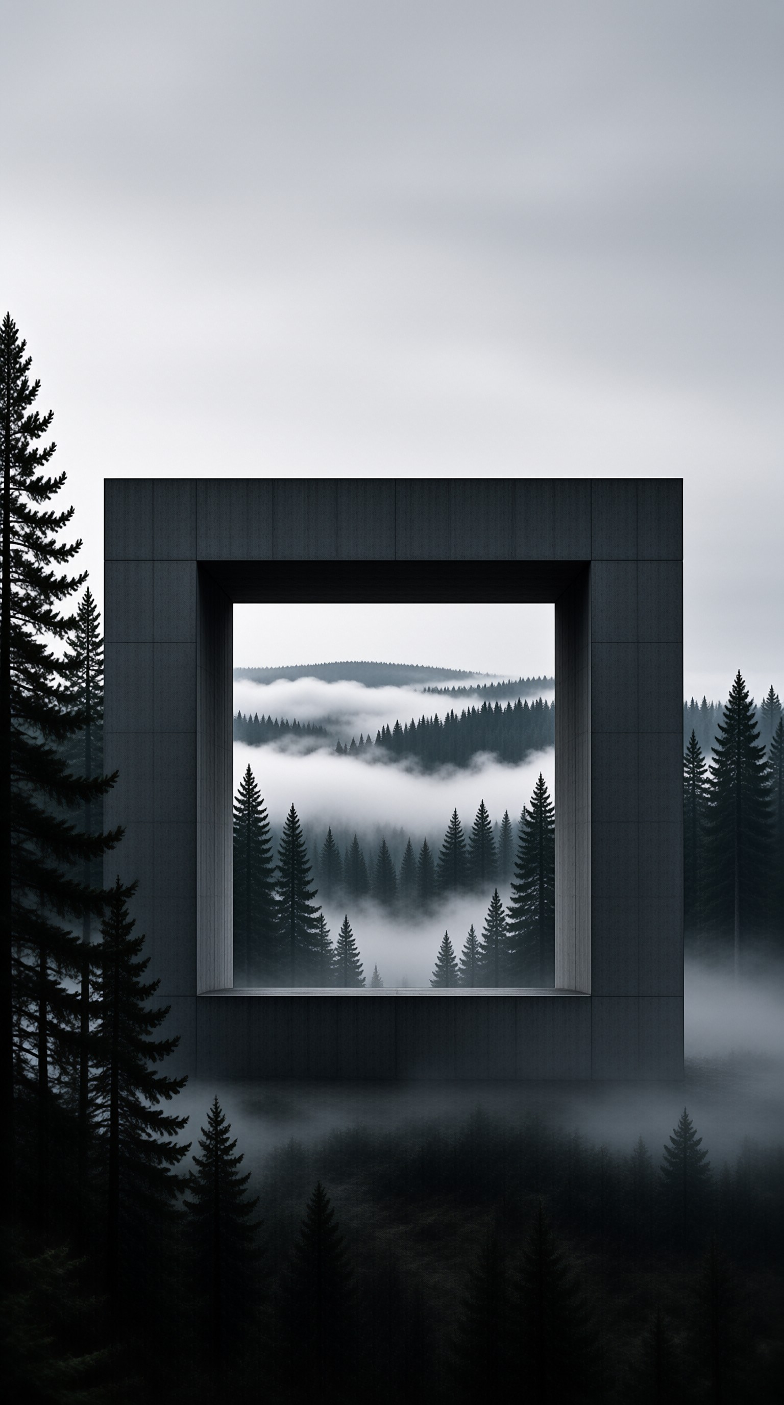A large dark rectangular structure stands in a foggy forest with pine trees visible through the opening.
