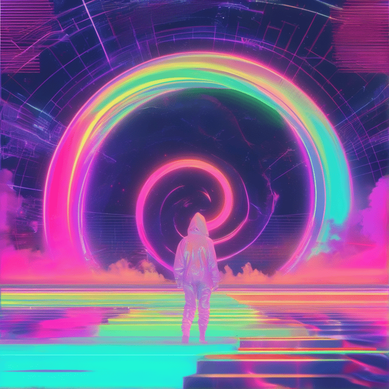 A glowing multicolored ring floats above a mirrored neon floor while a hooded silhouette stands at the center.