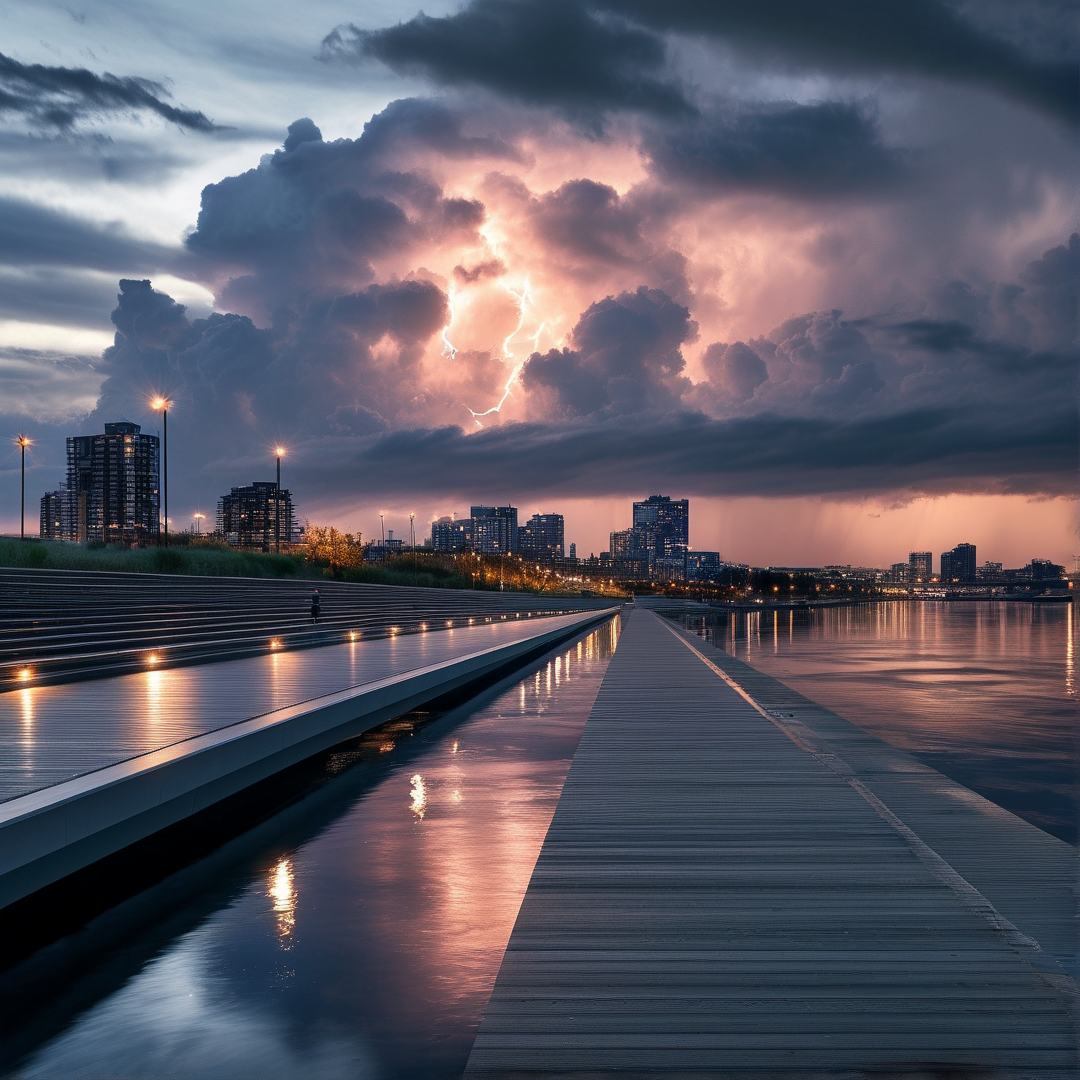 A paved lakeside walkway and step plaza reflect pink storm cloud and lightning against a distant urban skyline at dusk.