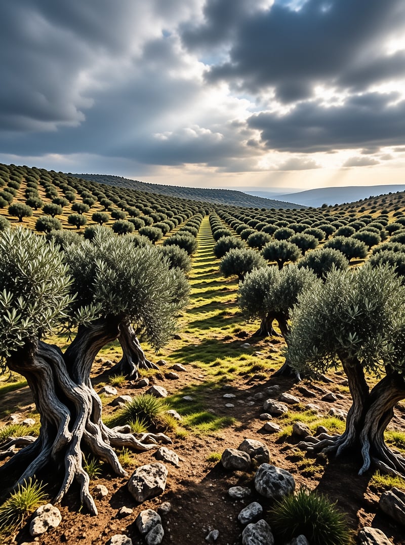 Rows of silvery olive trees climb sunlit hillsides beneath a heavy sky split by shafts of golden light.