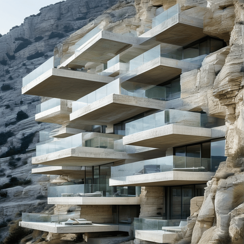 Modern concrete balconies with glass railings extend from a rugged cliff under bright daylight