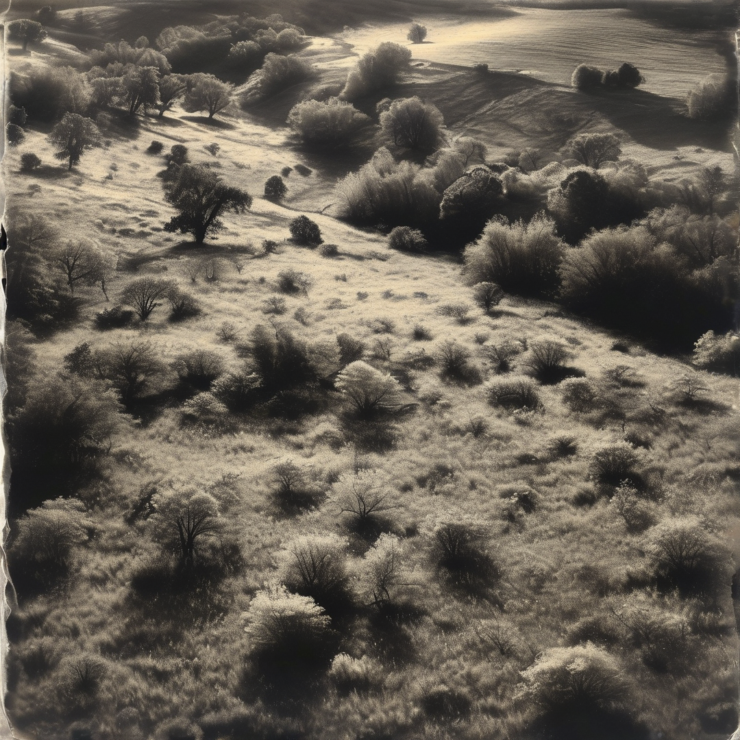 A high angle view of scattered trees dotting rolling grassy hills illuminated by directional sunlight creating deep shadows.