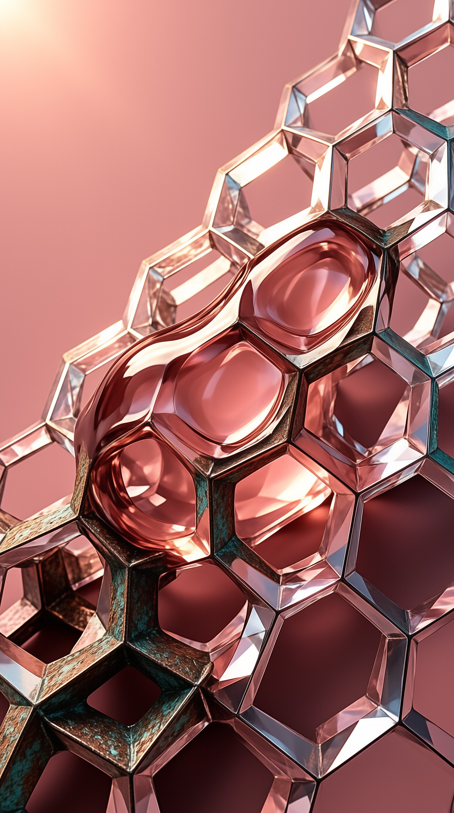 A close-up view of an iridescent hexagonal metal mesh with glossy rounded protrusions set against a soft pink gradient background