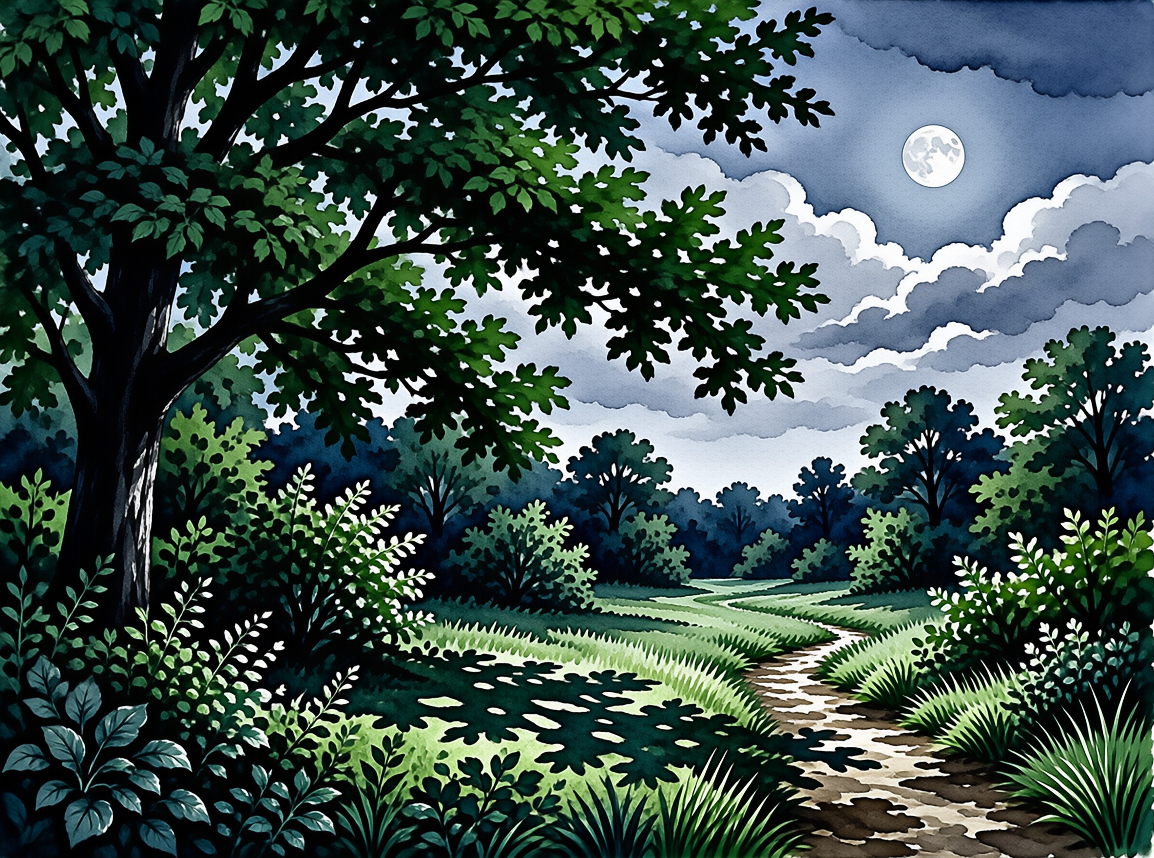 An oak tree frames a winding dirt forest trail under a full moon, with grey clouds casting leaf shadows over green grassy banks.