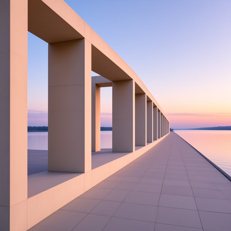 A row of concrete pillars lines a waterfront path at sunset, featuring geometric frames against a pink and blue sky.