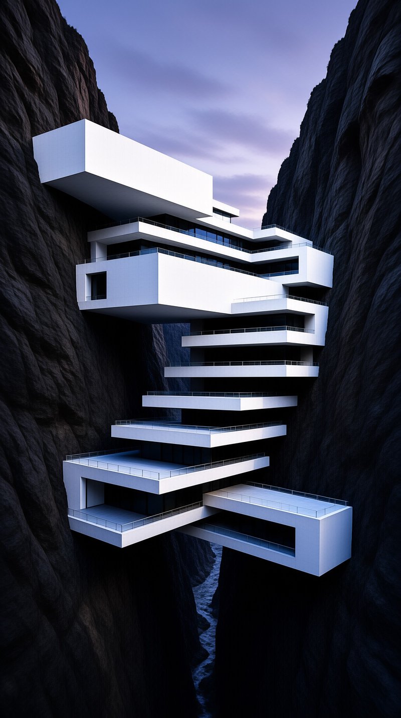 A large white geometric structure is built into the side of a steep dark cliff face under a twilight sky.