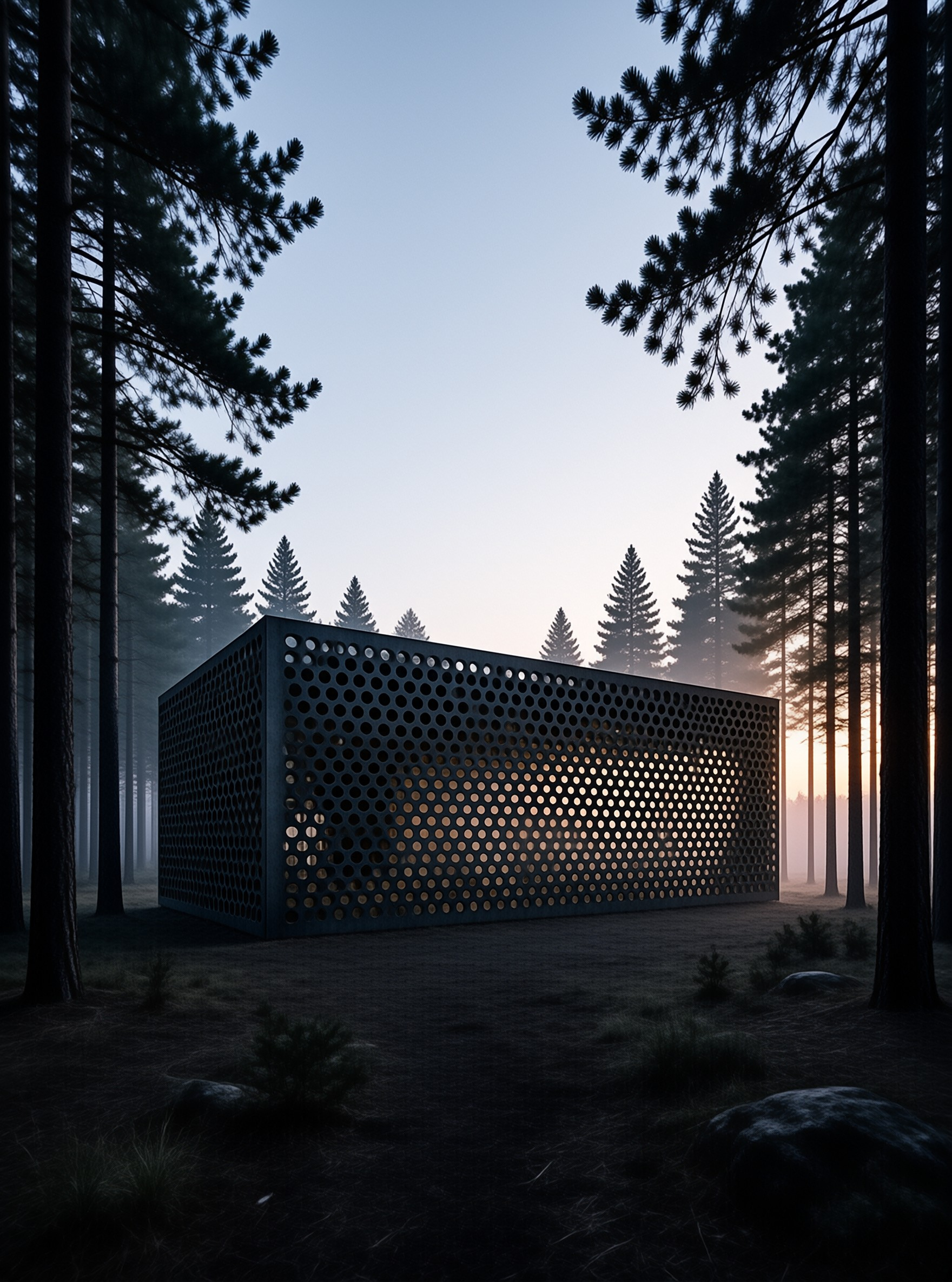 A large perforated metal box sits in a foggy pine forest illuminated by soft sunrise light.