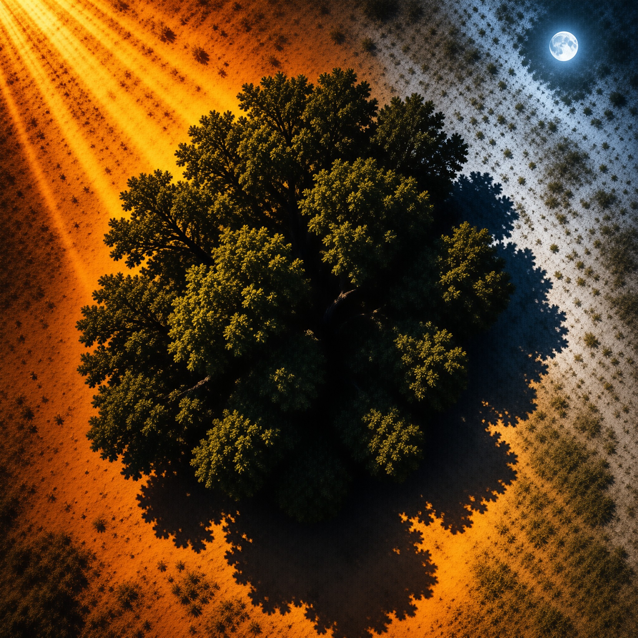 An aerial view of a single leafy tree on ground split between warm sunlight and cool moonlit shadow.